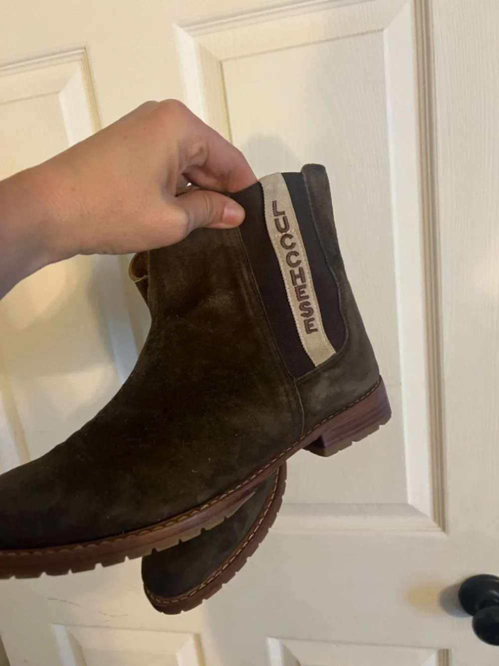 Lucchese Dark Chocolate Suede Garden Boot with Branded Side Tape - Picture 3 of 6